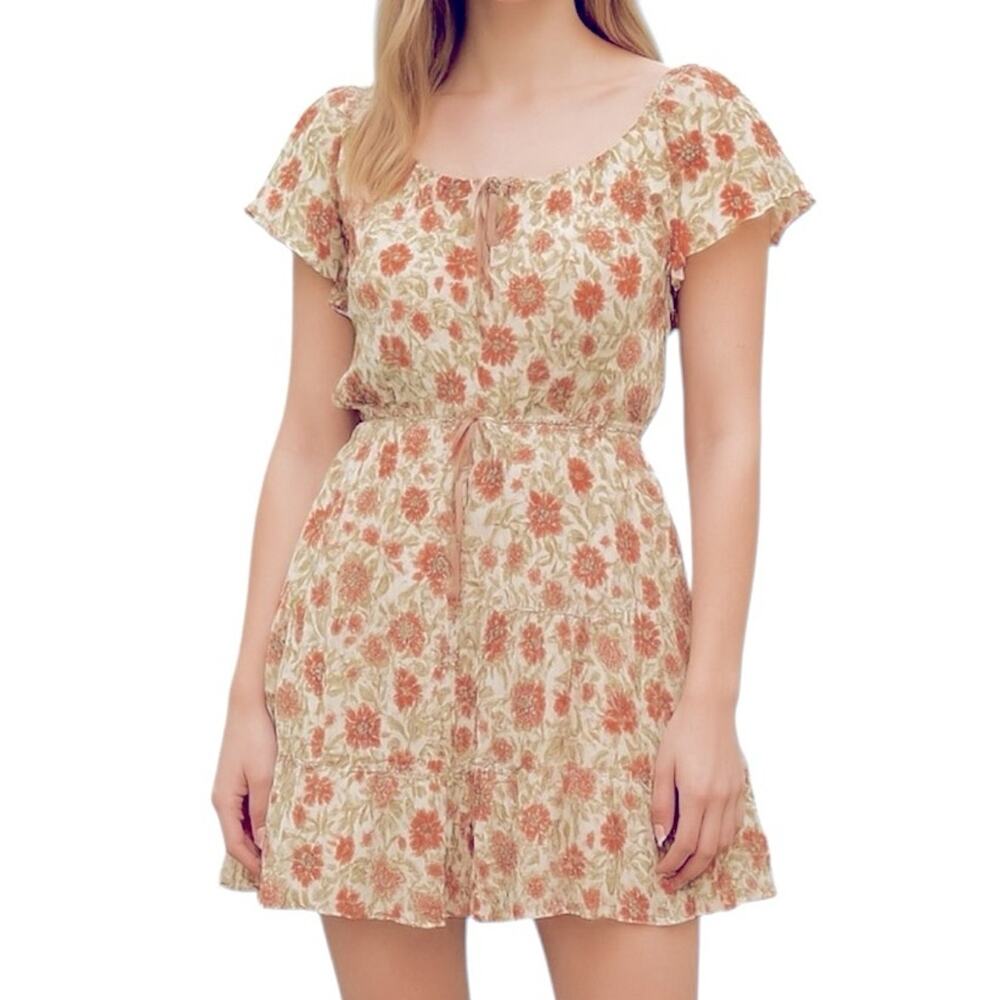 Rachel Zoe Floral Mini Dress Small Flutter Sleeve Belted Cottagecore Vacation